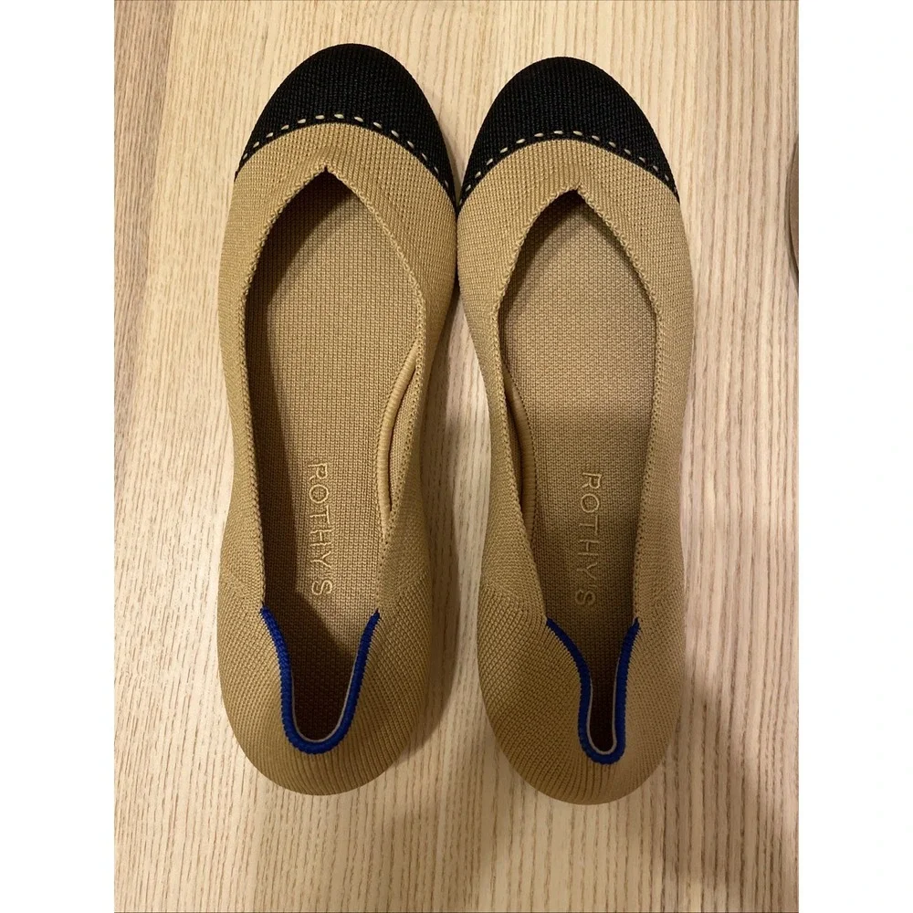 Rothy's The Flat Womens Size 8 Camel Black Cap Toe Ballet Flats Knit Shoes
